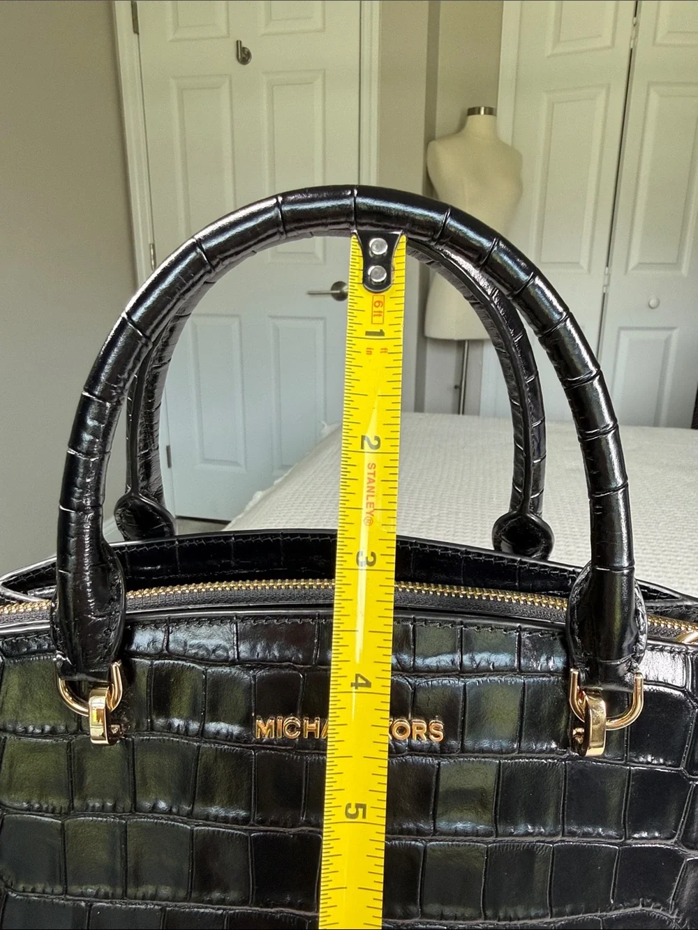 Michael Kors black croc embossed leather satchel with gold hardware